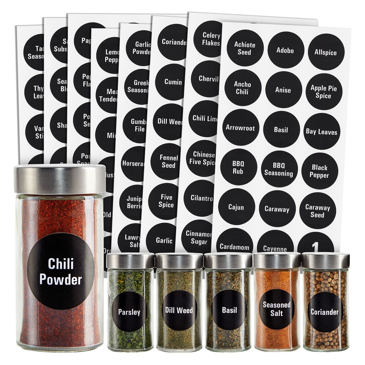 Talented Kitchen 144 Round Spice Label Stickers - Preprinted Chalkboard Seasoning Labels for Spice Jar Lids and Herbs Containers (White Print on Black Backing, 1.5 In)